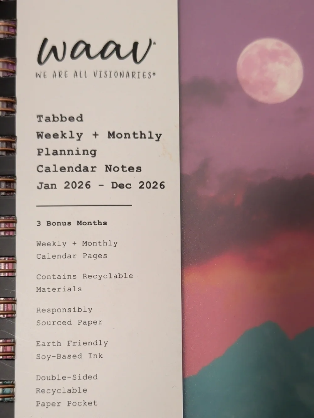 WAAV 2026 Tabbed Weekly + Monthly Planner - Pink Purple Mountain Cover